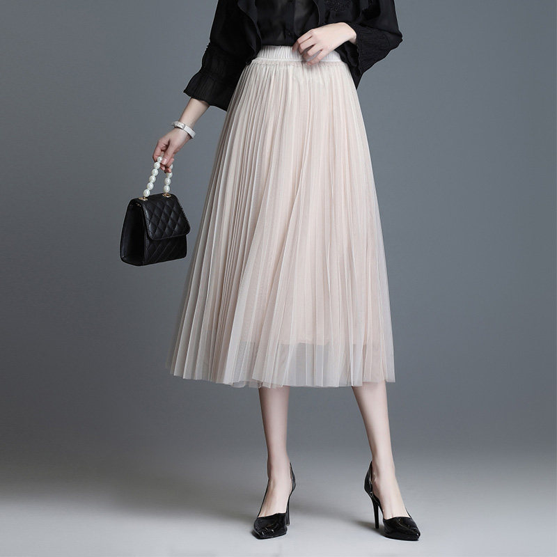 下 莎莎米色纱裙半身裙沙裙子女夏百褶网纱裙长款