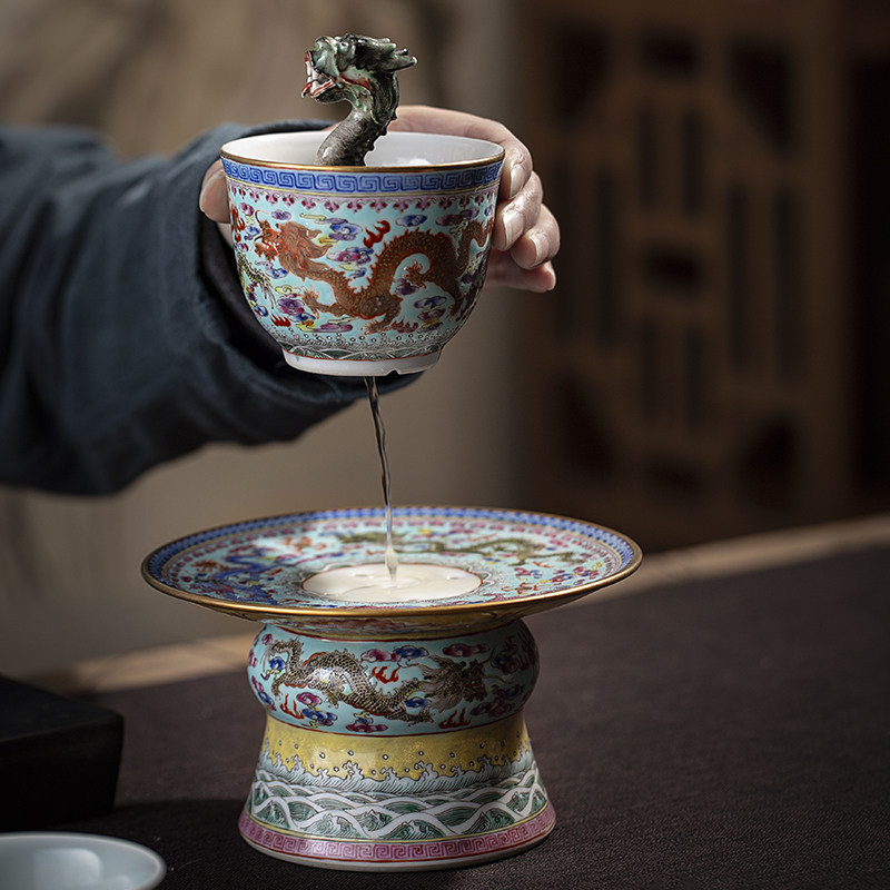 景德镇八十年代艺术瓷厂陶瓷手工手绘粉彩绿地九龙公道杯