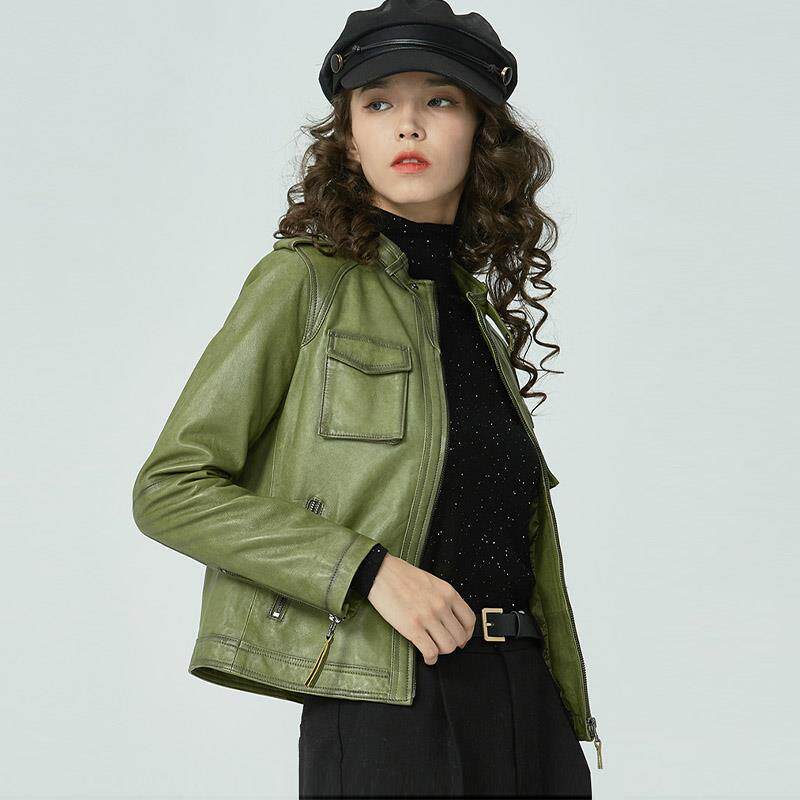 绿色皮衣2022新款海宁真皮机车时尚立领绵羊皮衣