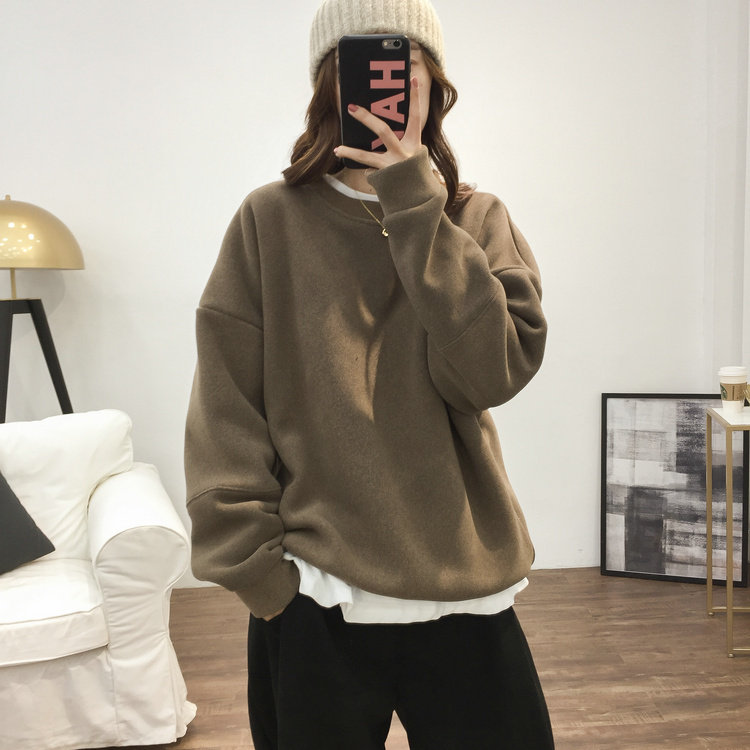 品质款加绒加厚毛呢连帽套头卫衣女秋冬圆领休闲宽松仿呢料外套潮