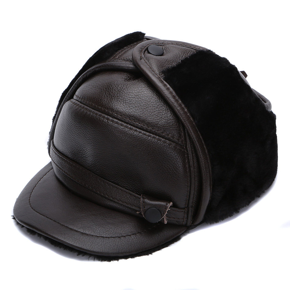 真皮保暖东北雷锋帽男中老年冬季户外老头加厚护耳牛皮鸭舌棉帽子