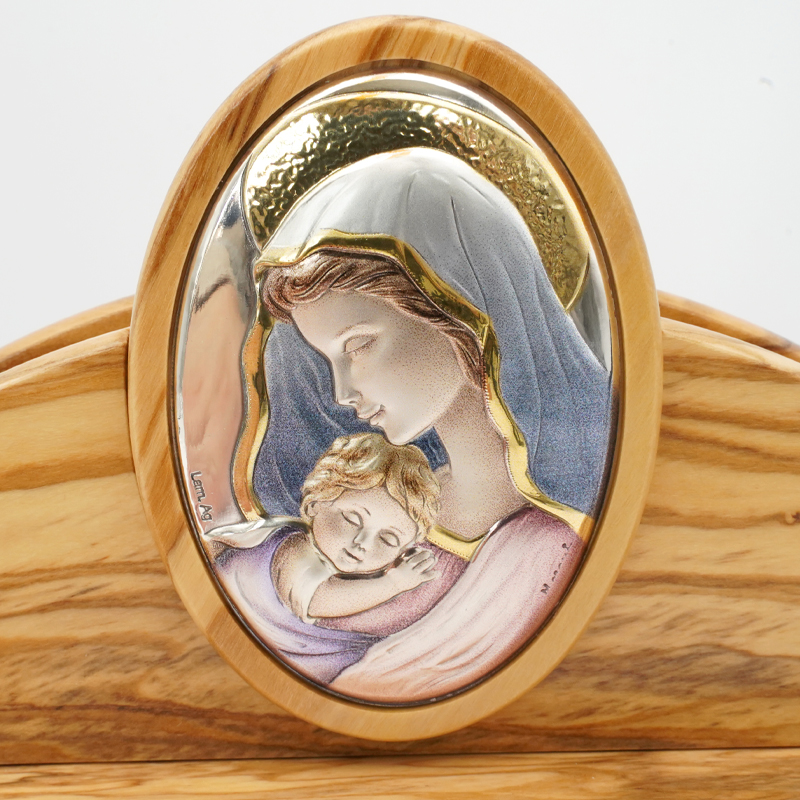 彩色圣母耶稣纯银浮雕圣像摆台橄榄天主教圣物摆件