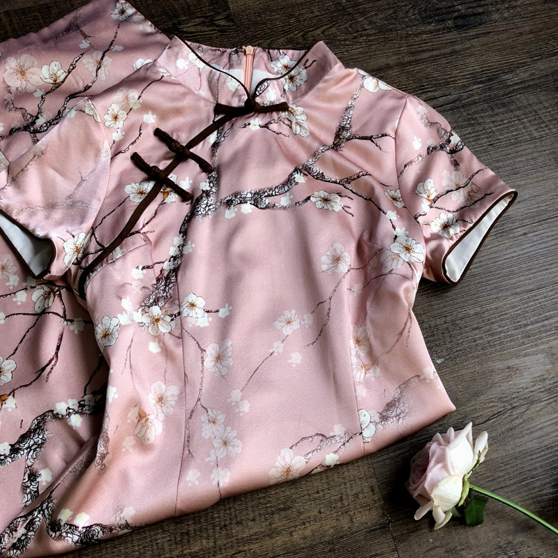 苏绣真丝旗袍夏季2018新款女改良版少女甜美桑蚕丝年轻粉色连衣裙