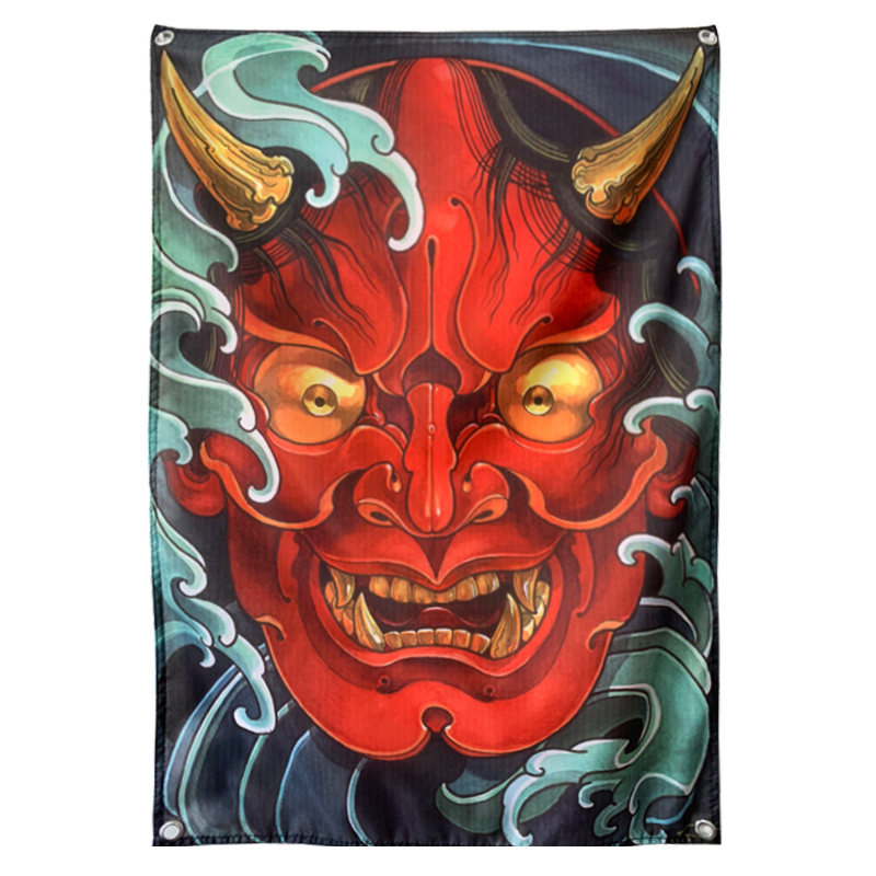 定制日式浮世绘红色般若酒吧纹身刺青工作室背景墙壁饰