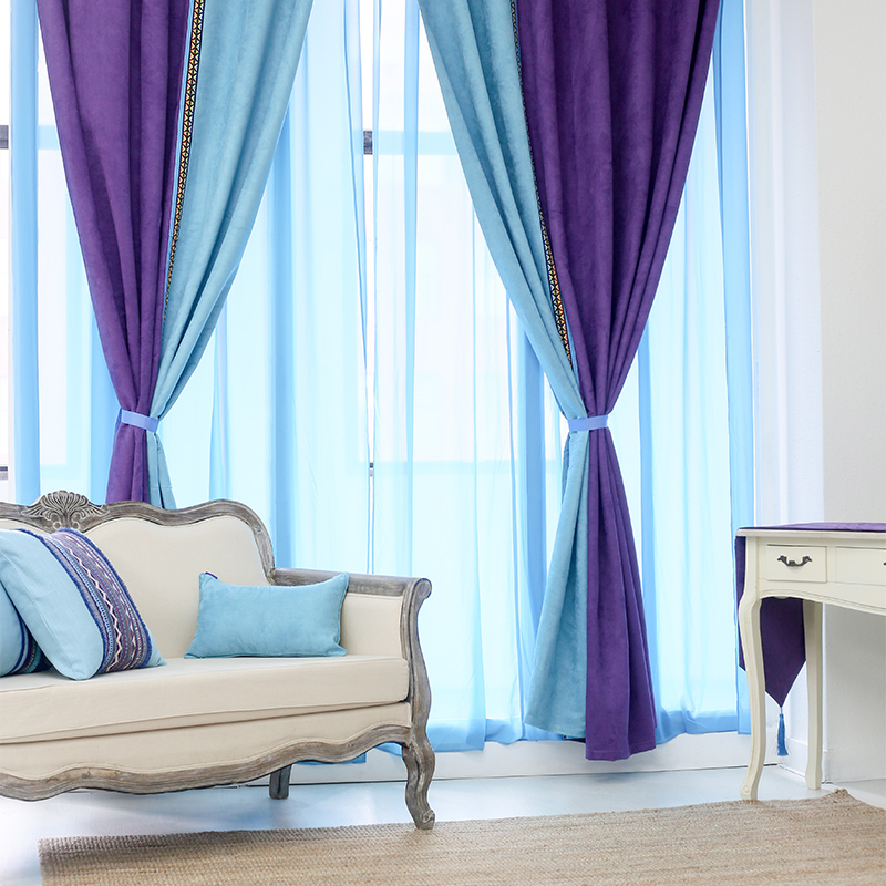 窗户少女梦幻甜美梦甜美公主蓝色飘窗帘粉柔纱定制窗帘
