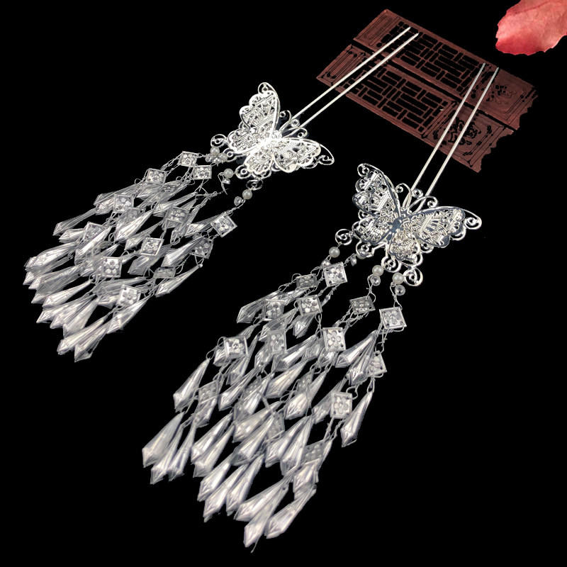 古风苗银片长流苏蝴蝶步摇日常汉服复古发饰发饰