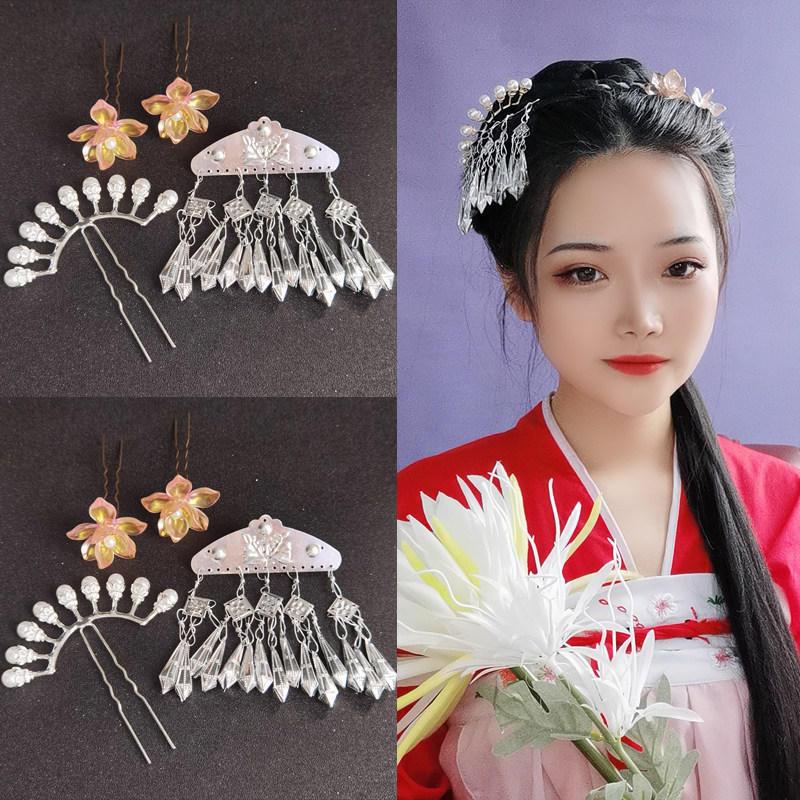 古装汉服清新发饰组合花朵珍珠排簪苗银发夹发饰