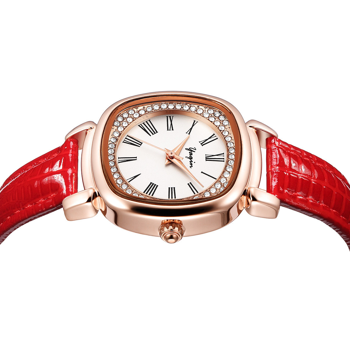 直播专拍链接yaqin雅琴时装表方形镶钻真皮石英国产腕表