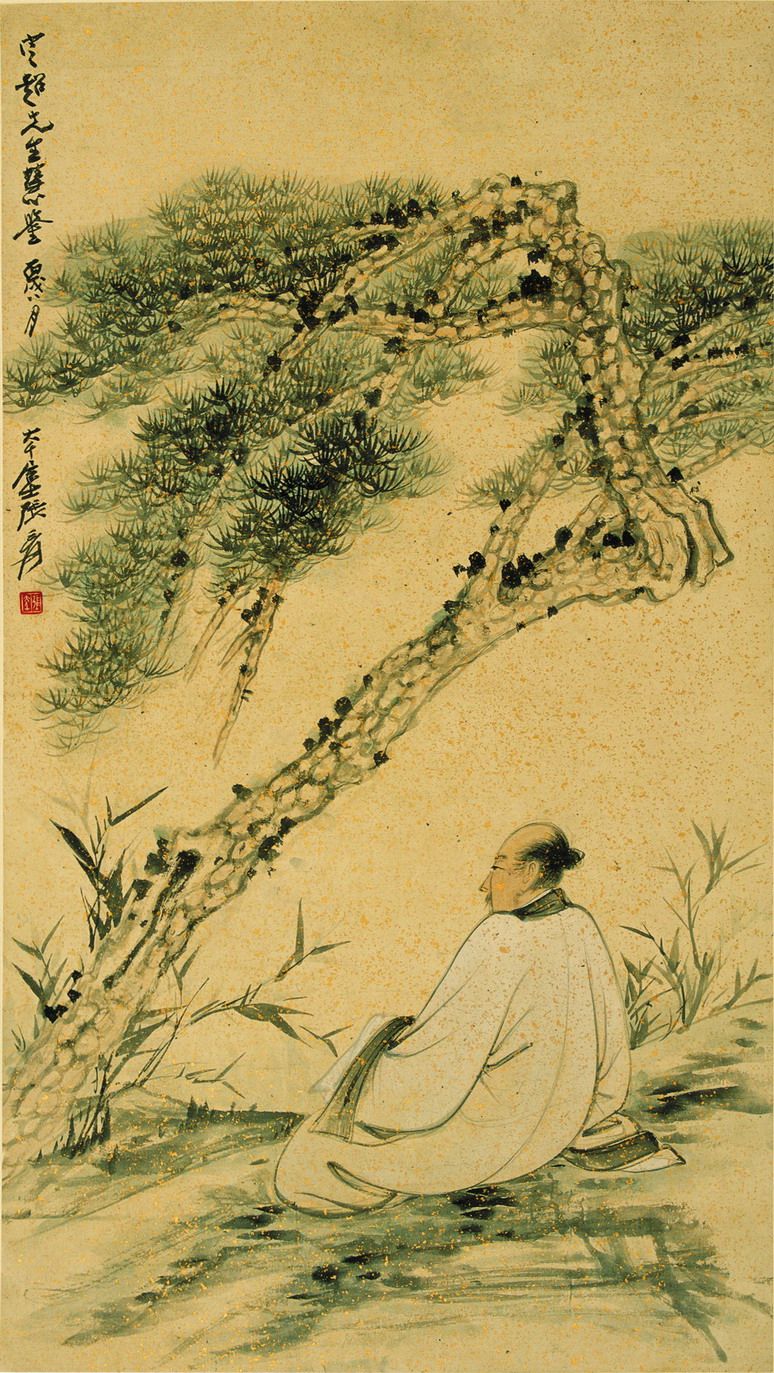 国画山水画装饰画手绘高清字画竖版客厅张大千松下国画