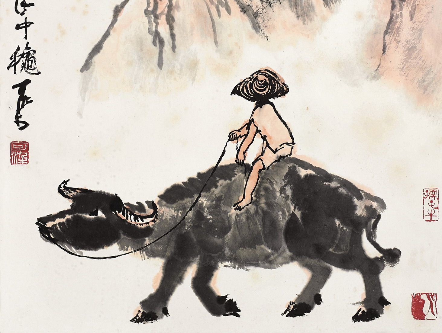 国画山水画真迹装饰画手绘字画客厅李可染牧童牛背画国画