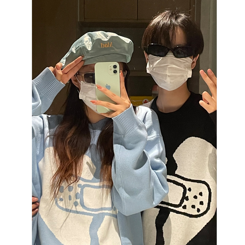 WODA21AW爱心创可贴国潮牌毛衣纯棉不起球提花情侣百搭针织衫宽松