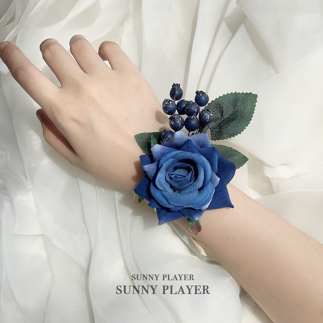 伴娘手腕结婚新娘姐妹团宝蓝色仿真玫瑰商务会议手腕花
