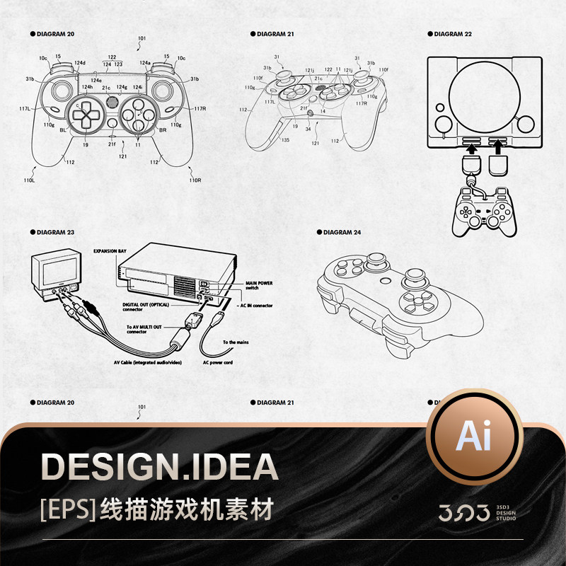 3sd3复古黑白线描ps游戏机手柄电子电器设备矢量样图