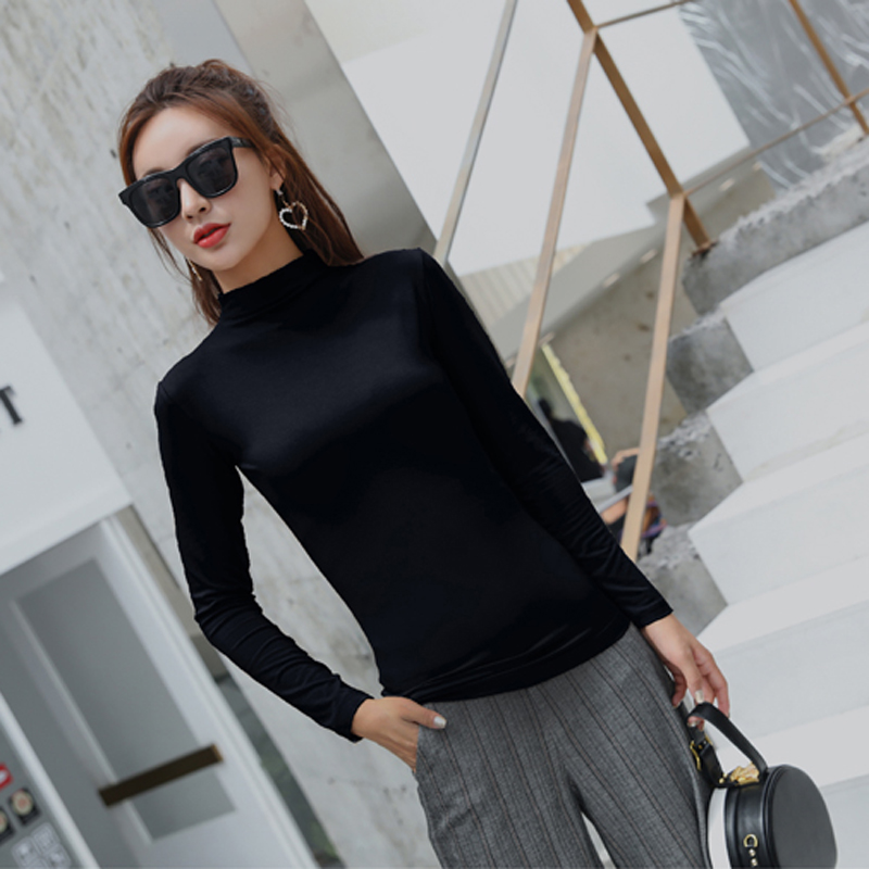 春秋半高高领打底百搭紧身黑色恤女长袖高冷范t恤