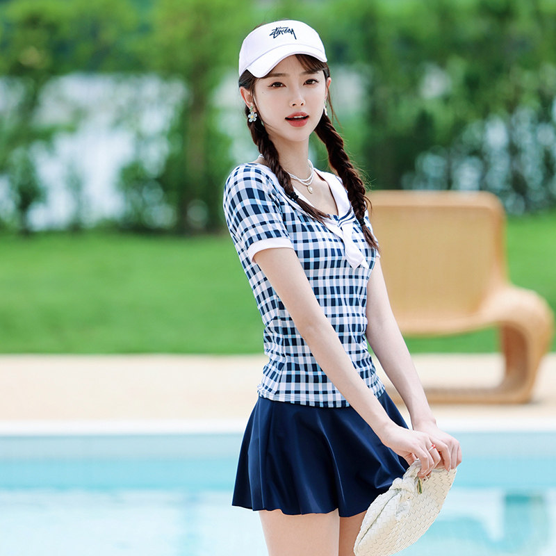 海军军风分体泳衣女夏保守韩国少女初高中学生连体泳衣