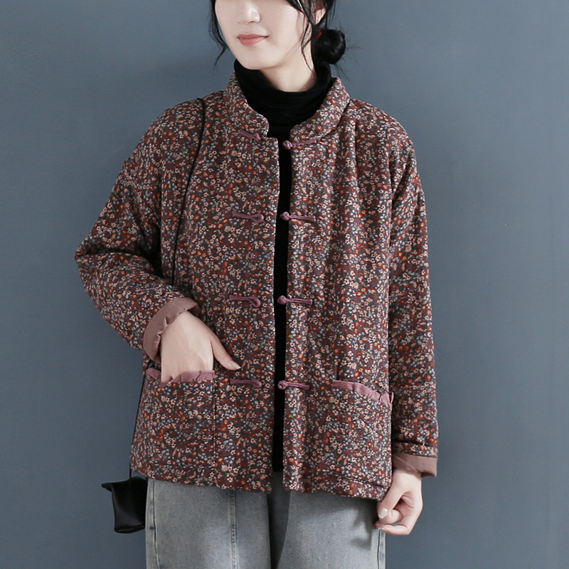 中国风复古碎花棉服秋冬民族风盘扣棉麻上衣外套加厚宽松茶服棉袄