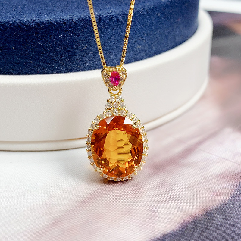 纯银镶嵌芬达色天然黄水晶吊坠项链豪华华大宝石项坠