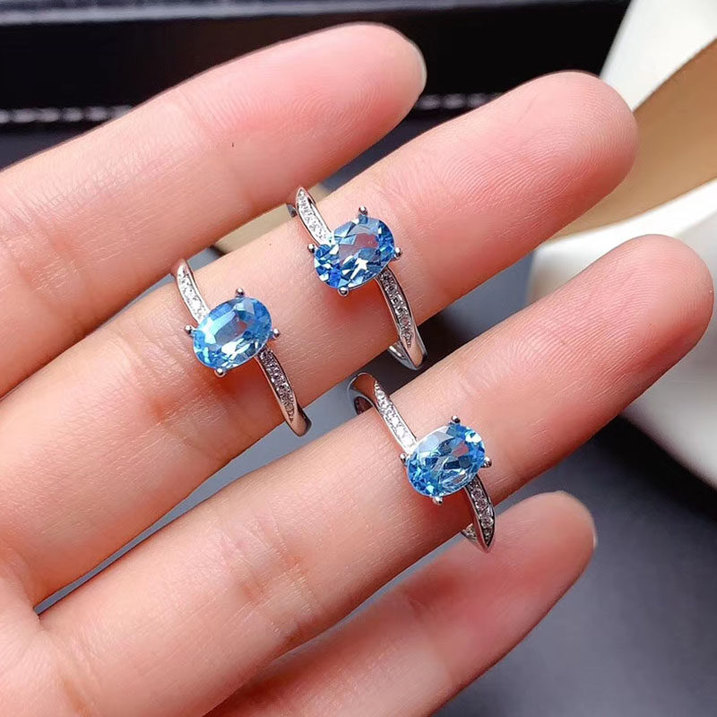 s925纯银瑞士蓝托帕石戒指尾戒天空蓝宝石活扣戒指