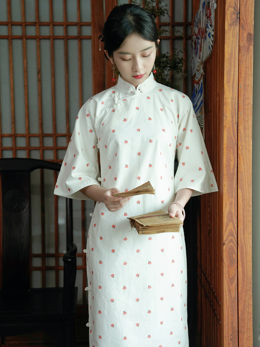 茉茉秋冬季六分水袖全开开襟包边中长复古文艺旗袍