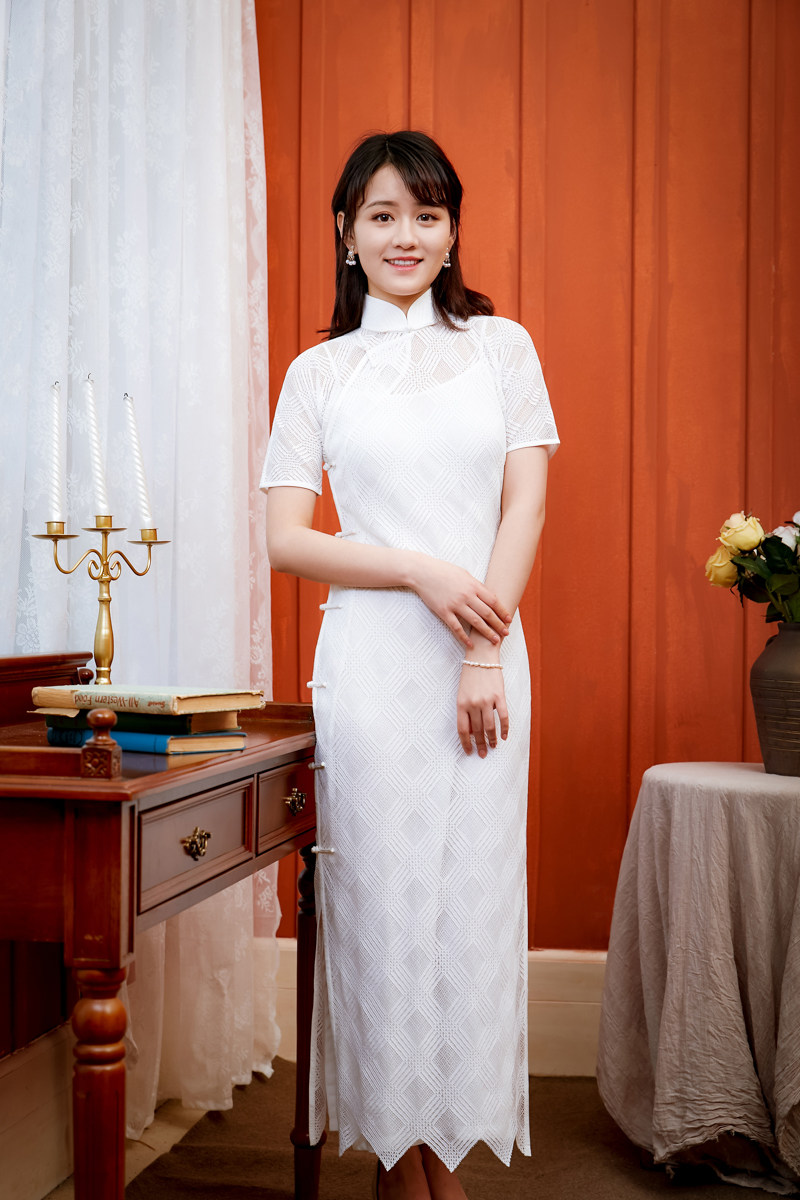 旗袍茉茉春夏新品三分连袖全开开襟长款复古旗袍