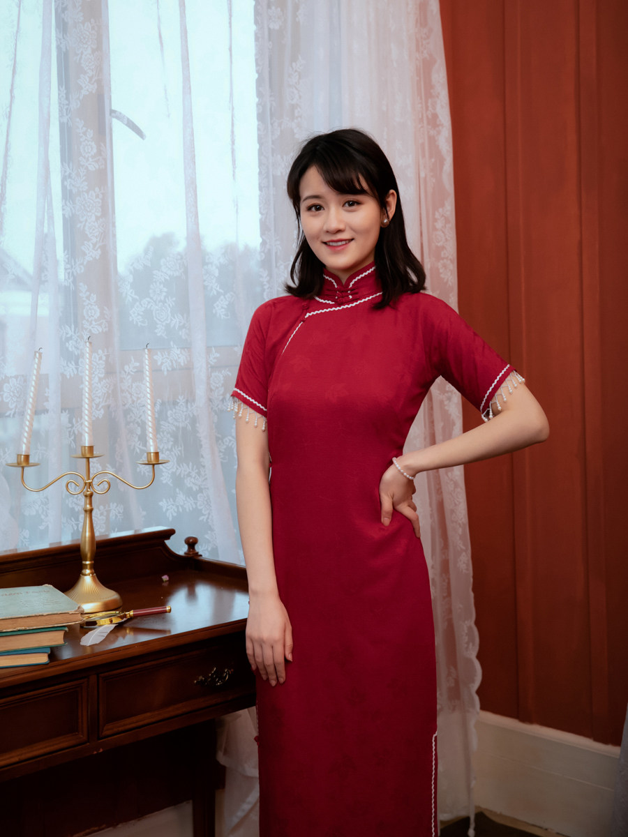 茉茉春夏季三分连袖全开开襟长款复古提花人丝旗袍