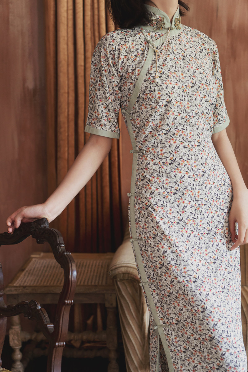 旗袍茉茉四分连袖全开开襟中长复古日常雪纺旗袍