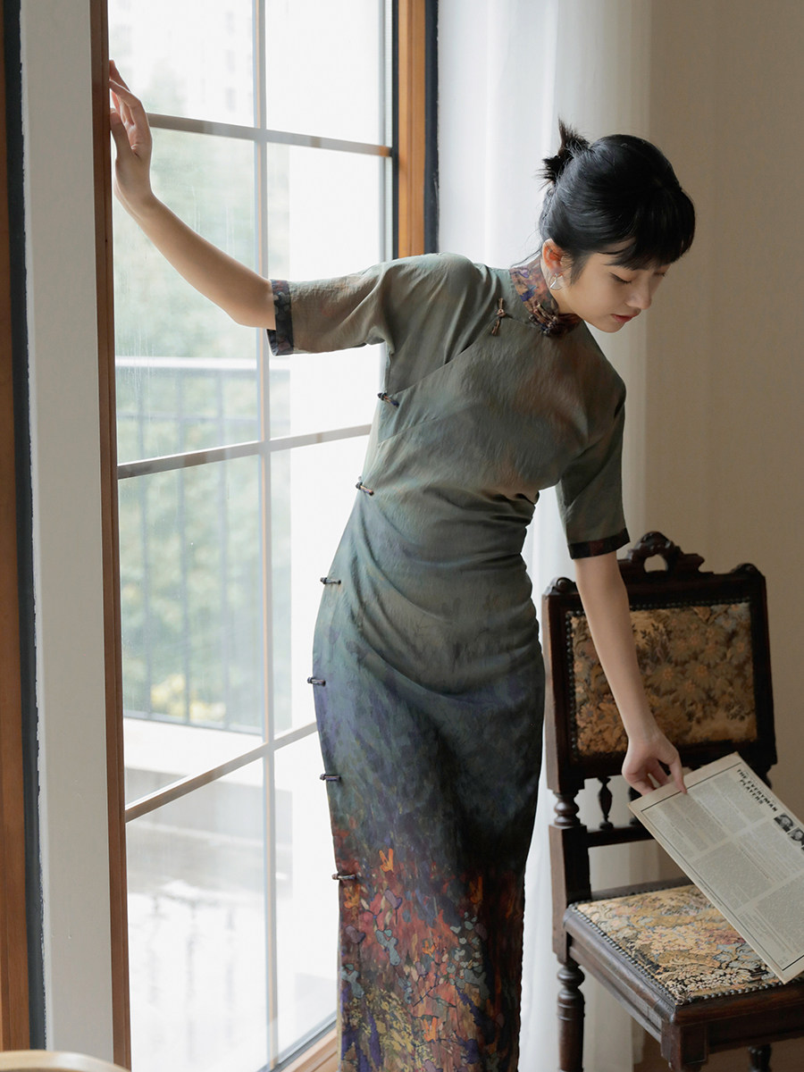 茉茉春夏季新品四分连袖全开开襟中长复古日常旗袍