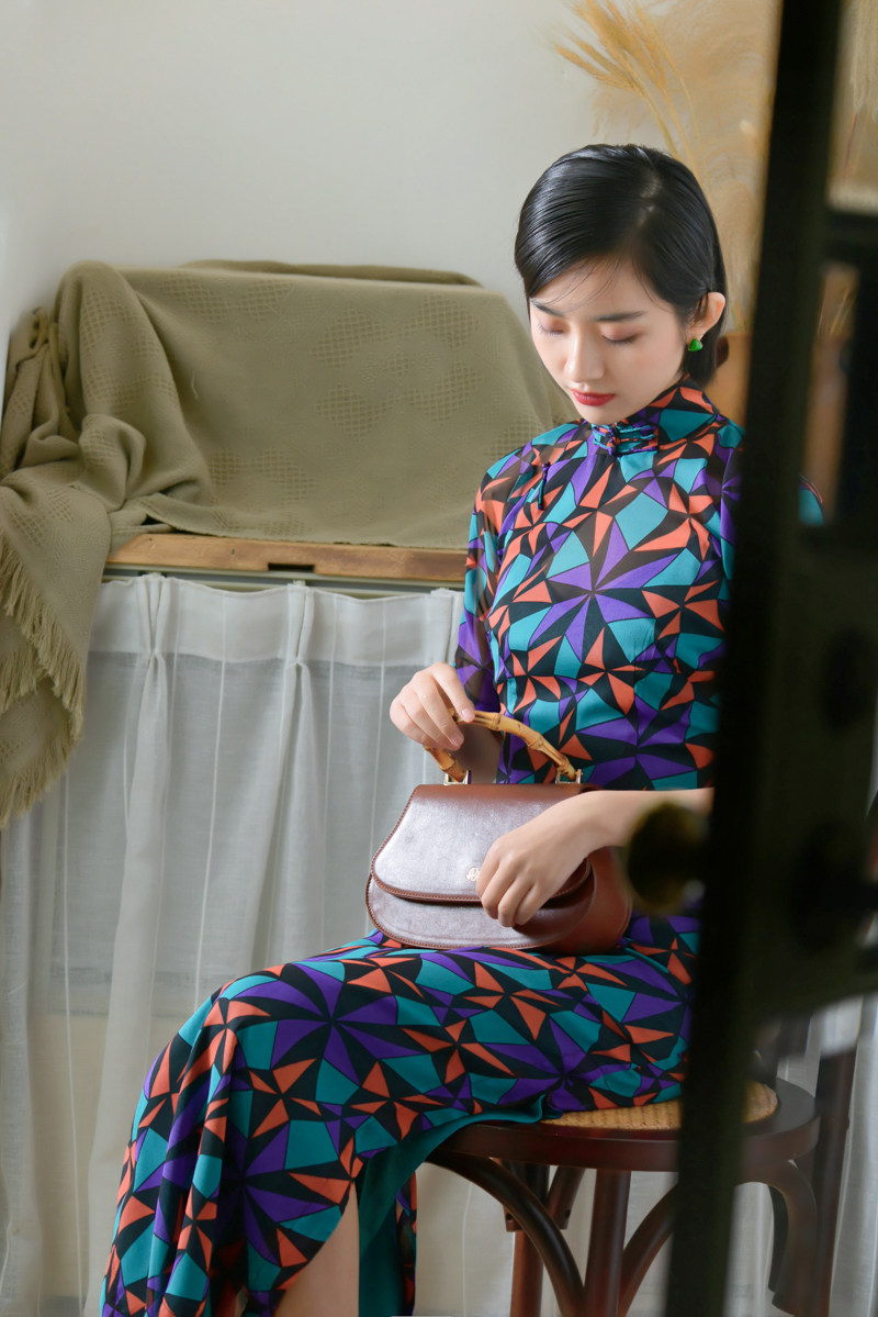 旗袍茉茉春夏季四分连袖半开开襟长款复古日常旗袍