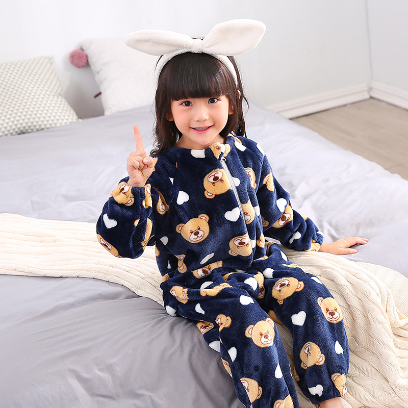 秋冬季婴儿童法兰绒保暖睡袋宝宝加绒加厚连体睡衣爬服家居服