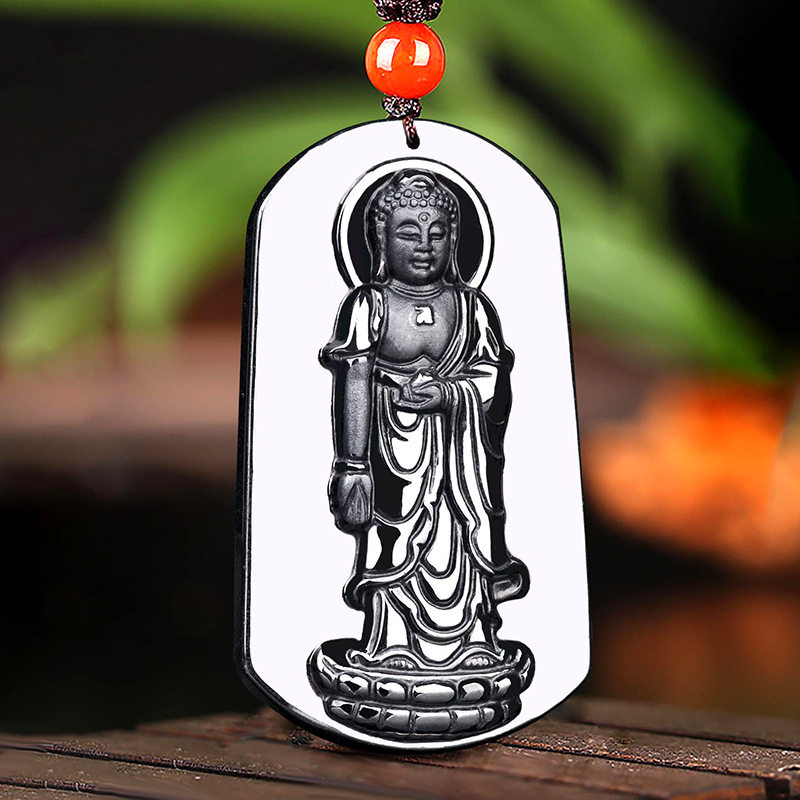 天然墨翠翡翠墨玉阿弥陀佛冰种玉石吊坠佛像挂件项坠