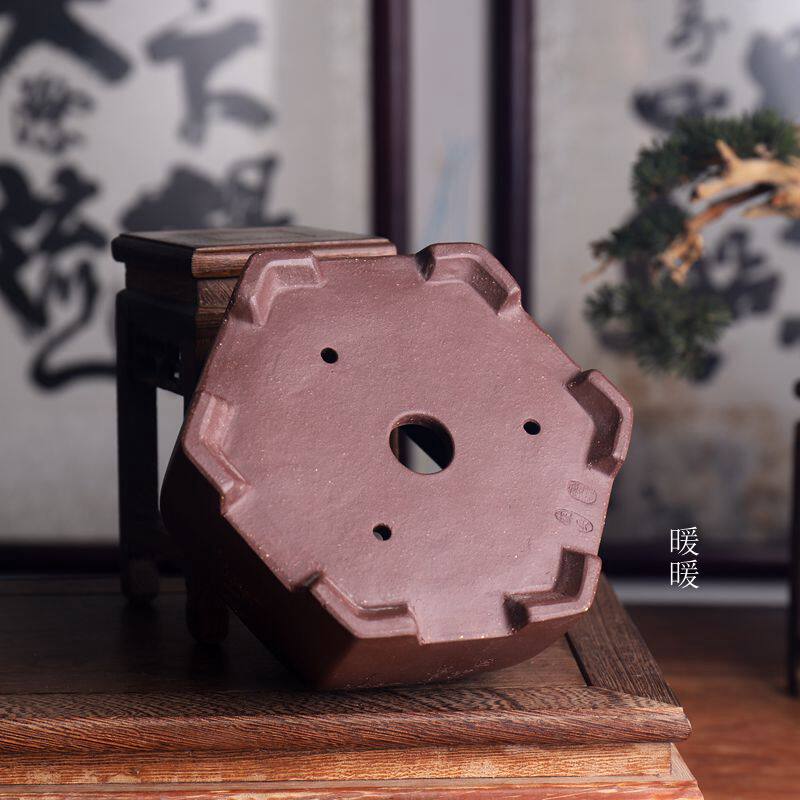 收口六方宜兴正品紫砂花盆手工刻绘苏兵款花盆