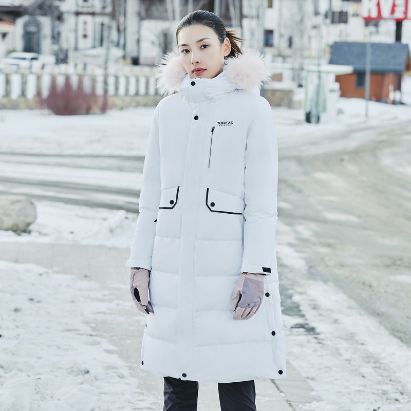 探路者羽绒服女鹅绒女款户外长款防风保暖冬季运动加厚毛领防寒服