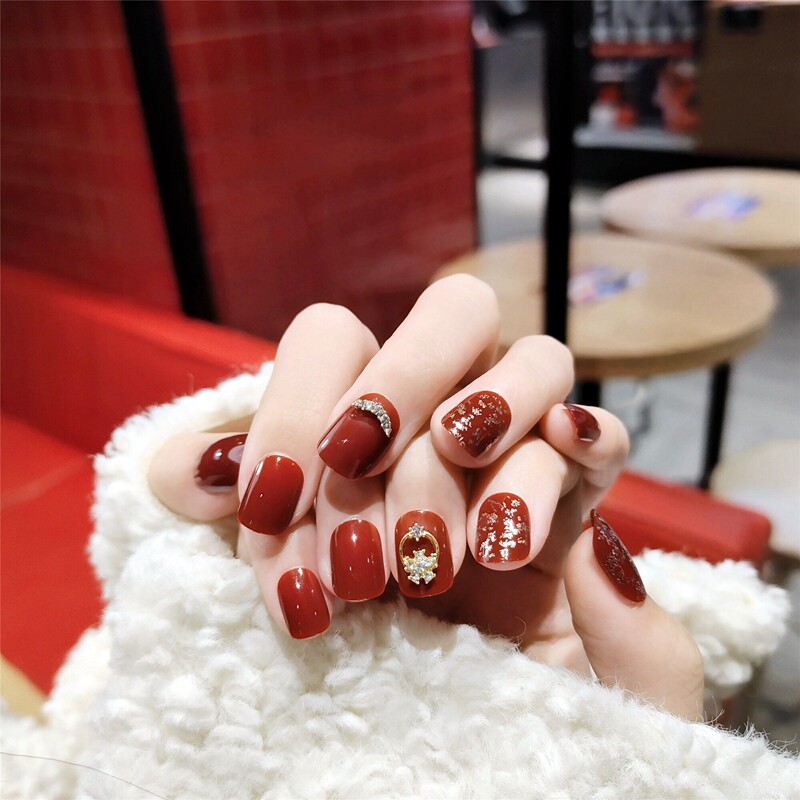 网红吉祥如意短款新年新娘指甲贴片美甲成品穿戴美甲工具