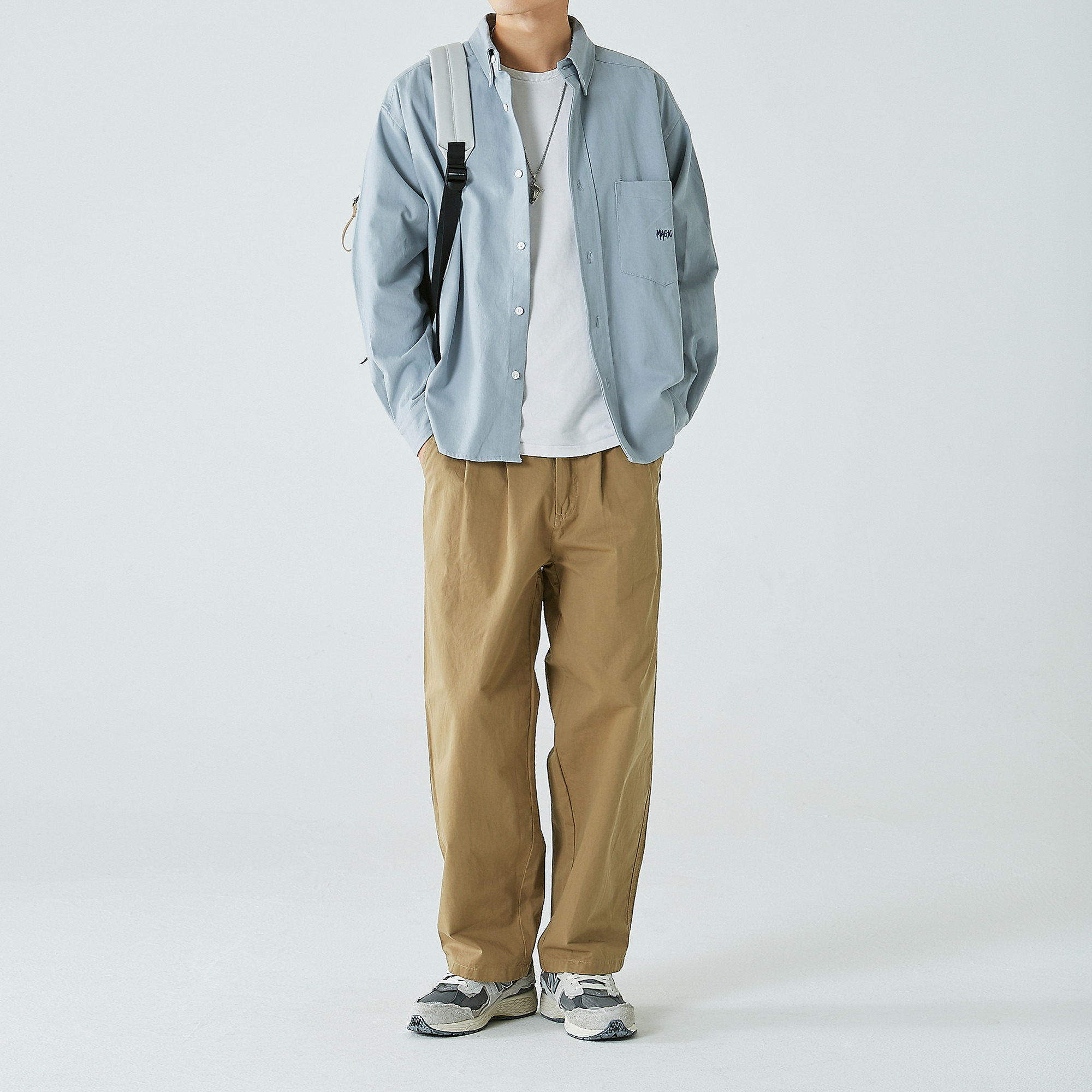 写意春季新品日系纯色内搭衬衫男装潮流宽松衬衫