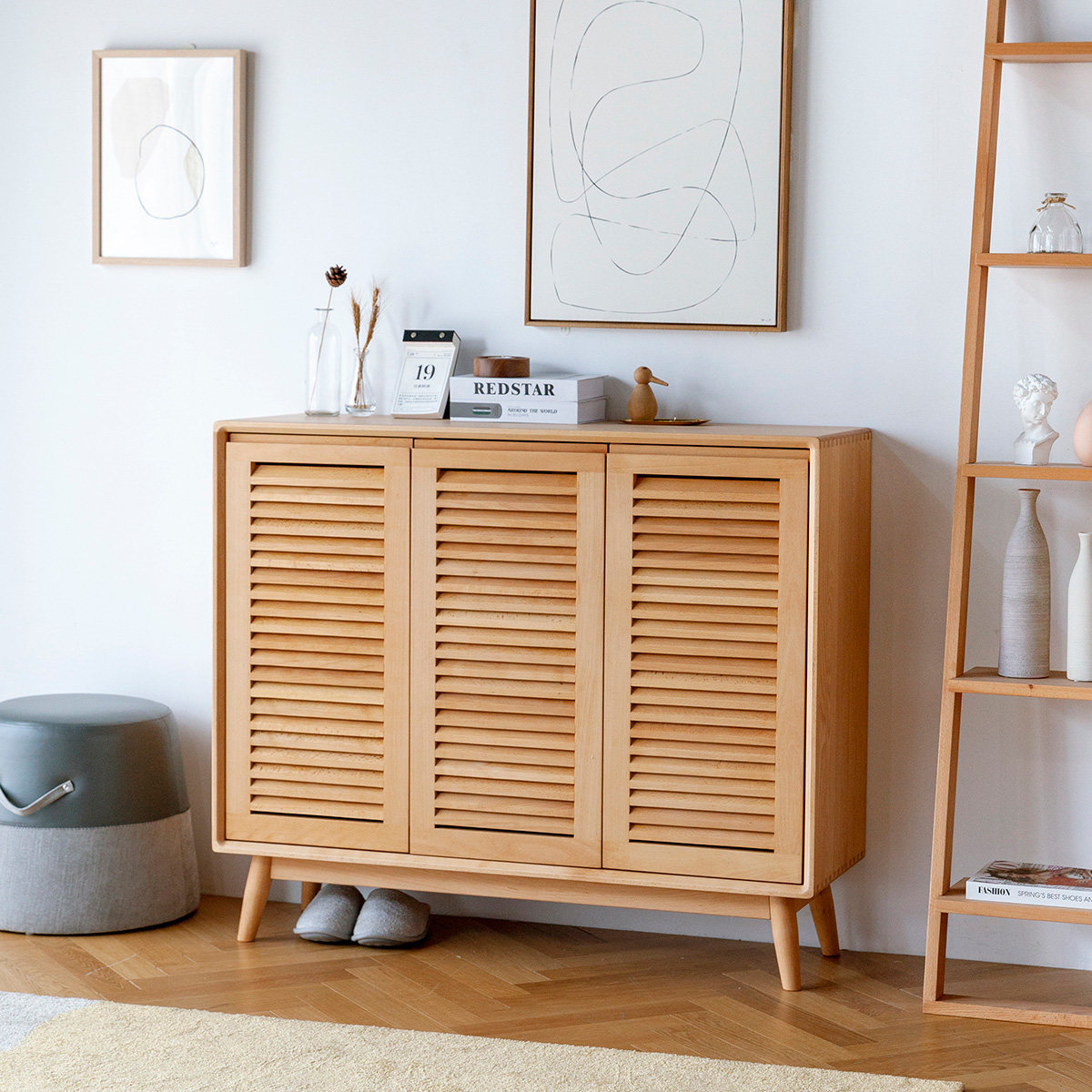 及木北欧原木设计简约多门榉木白橡胡桃实木鞋柜