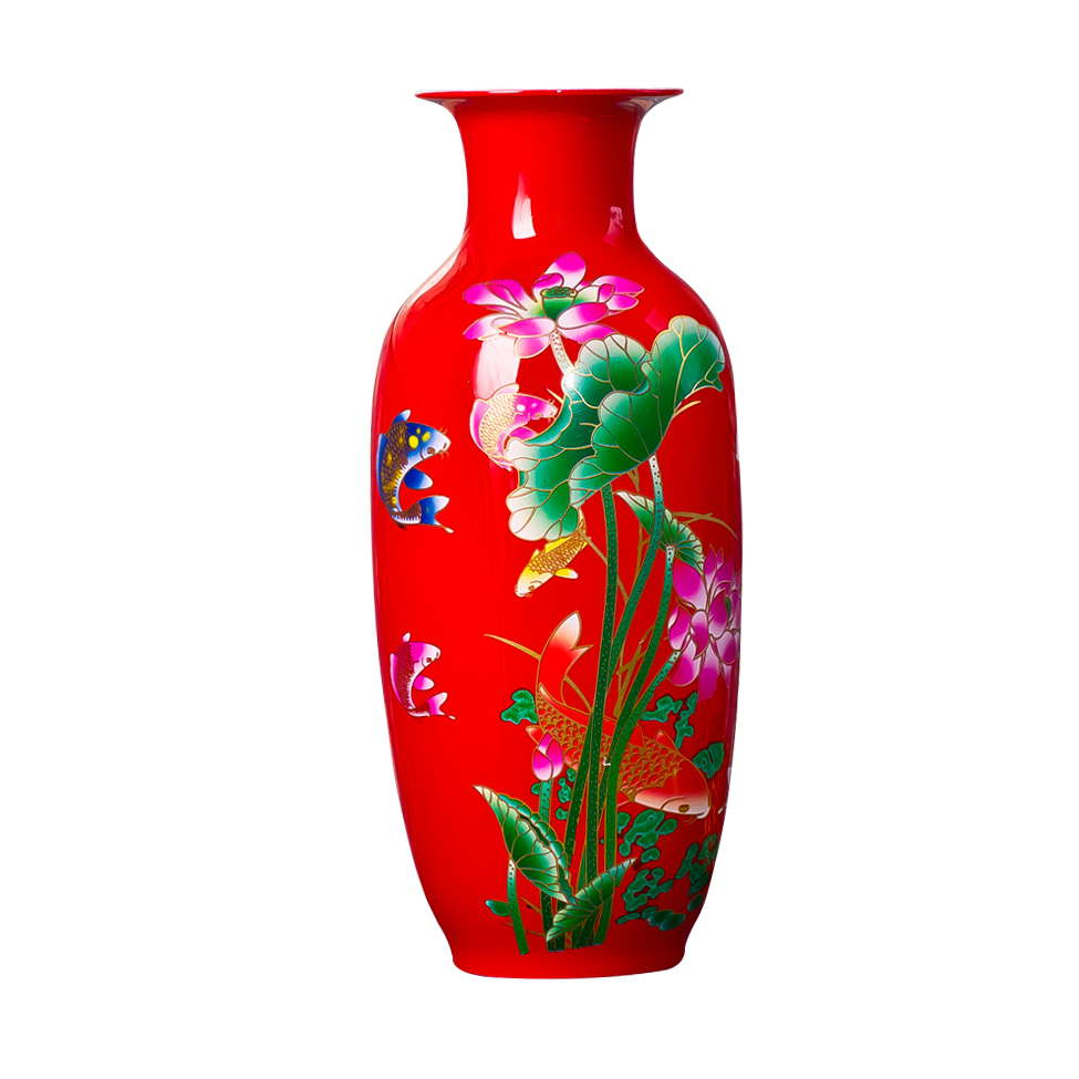 花瓶红色荷花景德镇陶瓷摆件百合百合花客厅插花花花花瓶