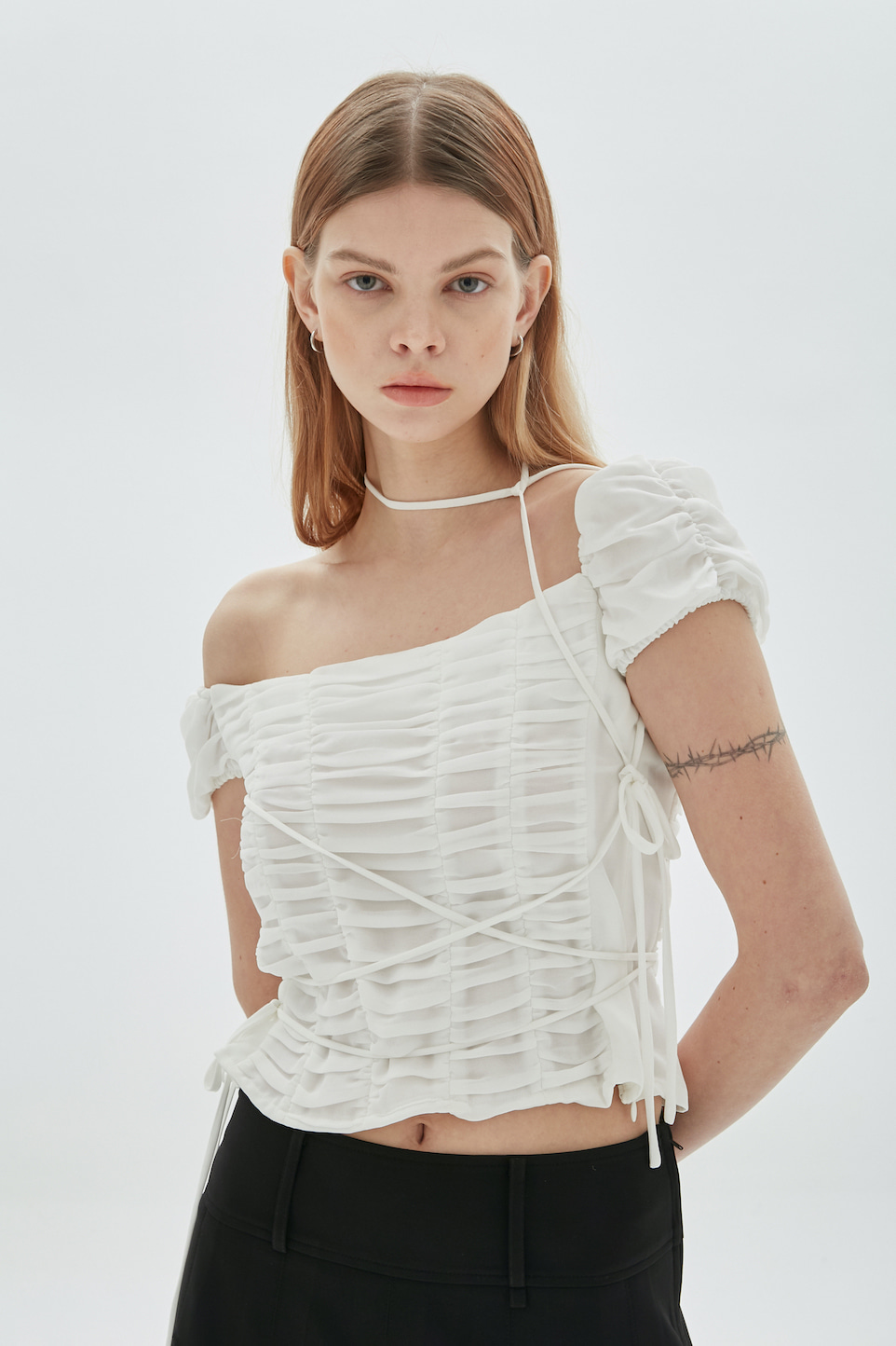 harmon定制spooning黑白两色褶皱系带背心上衣预计背心吊带