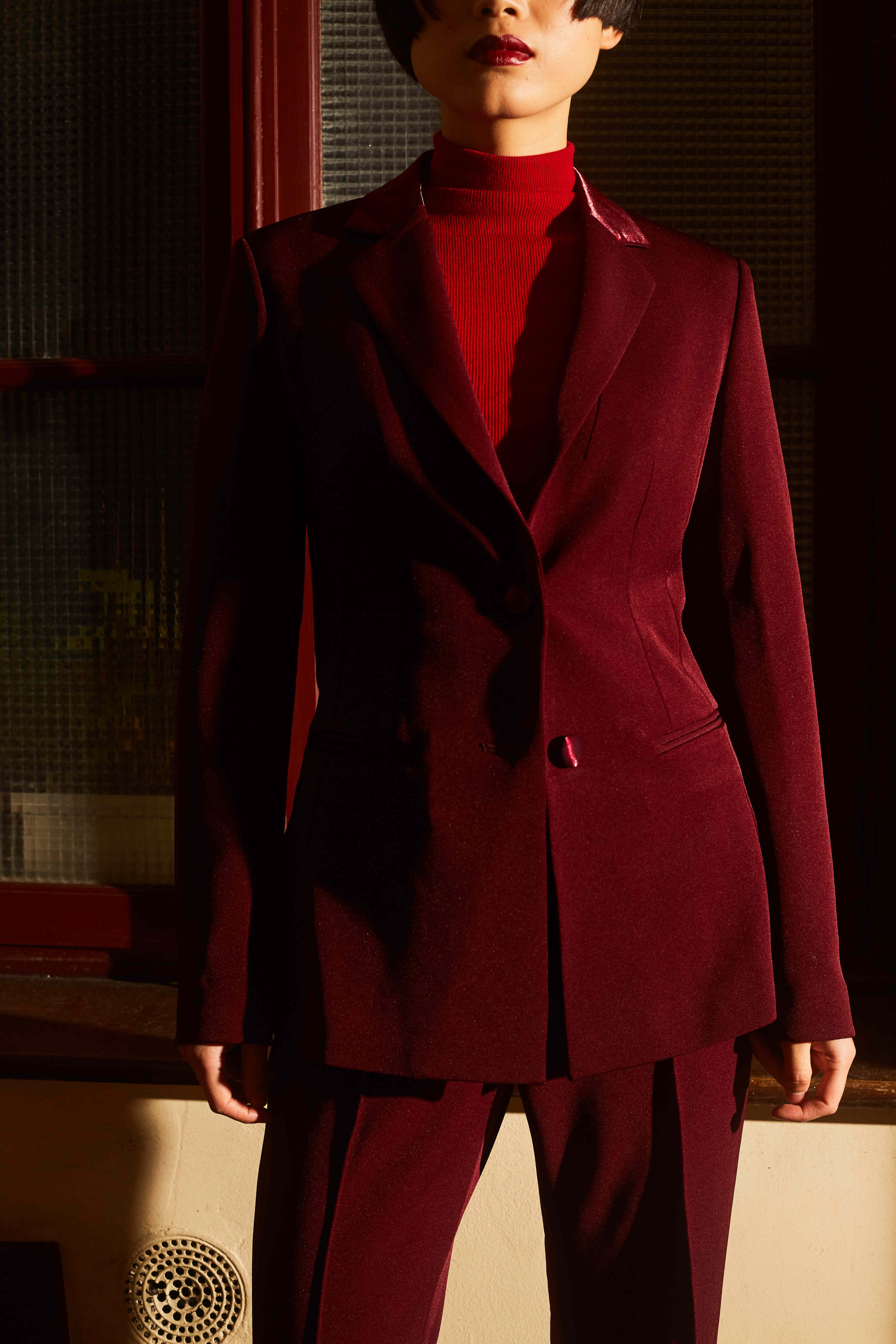 deuxzz法兰西勃艮第红精纺植物纤维红色长袖一粒西装