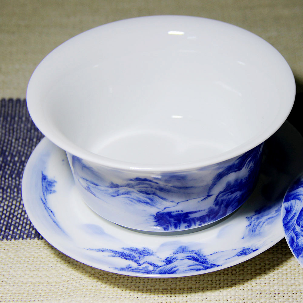 景德镇手绘青花瓷盖碗盖碗茶茶杯大号手工山水三才盖碗