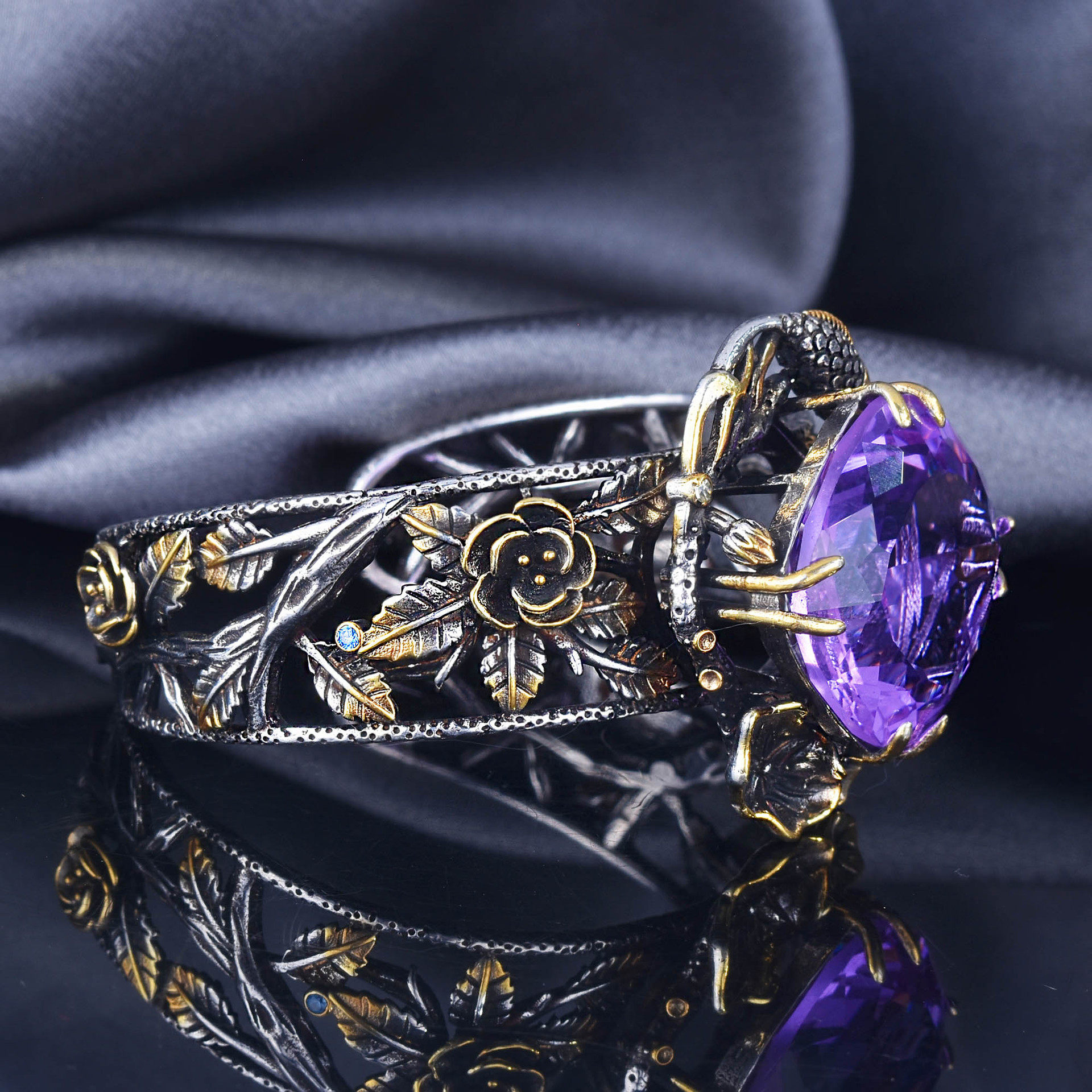 kaivy复古宫廷镂空花丝紫罗兰玫瑰花手镯古风双色手镯