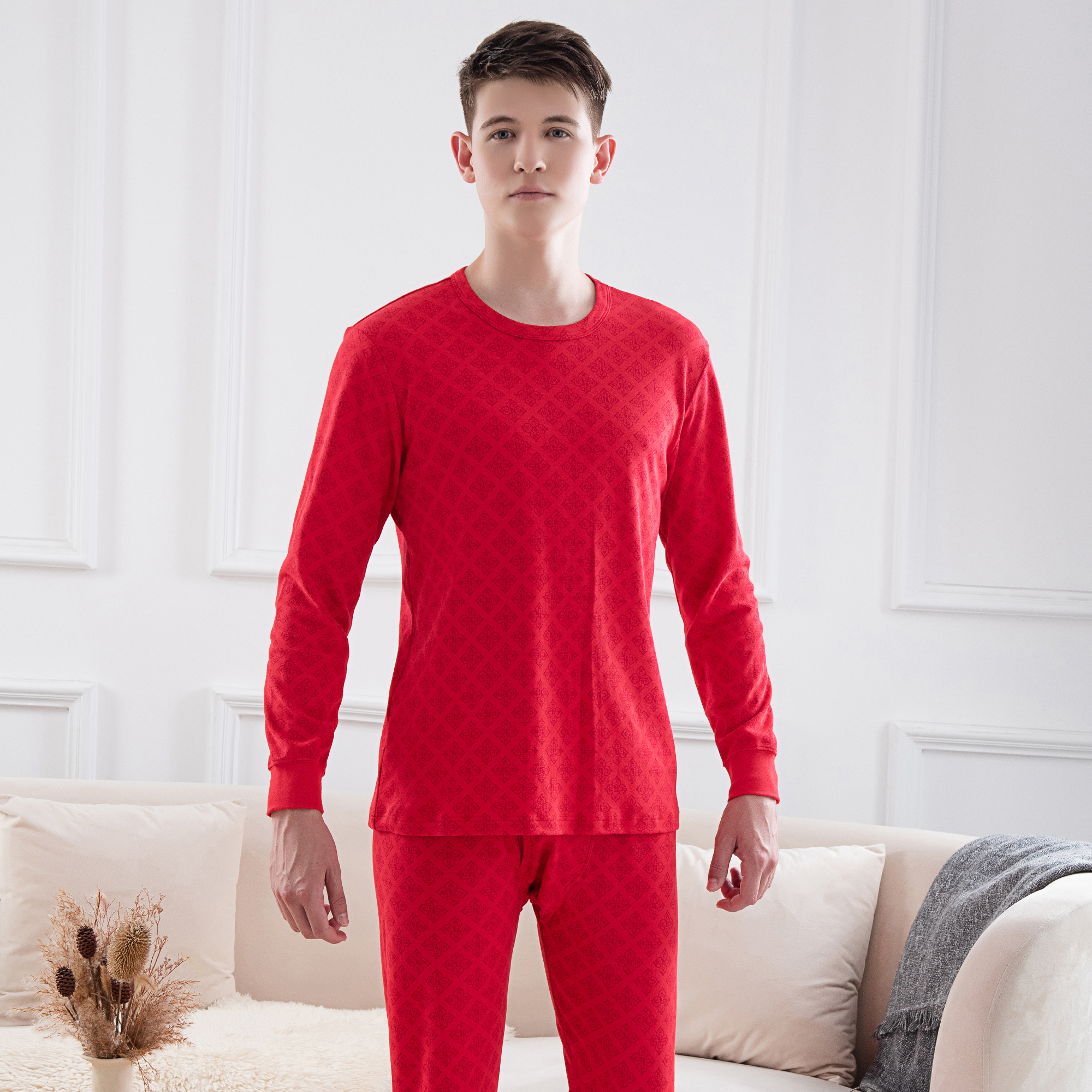 意大莱专柜正品纯棉本命年大红男士圆领秋衣套装保暖套装