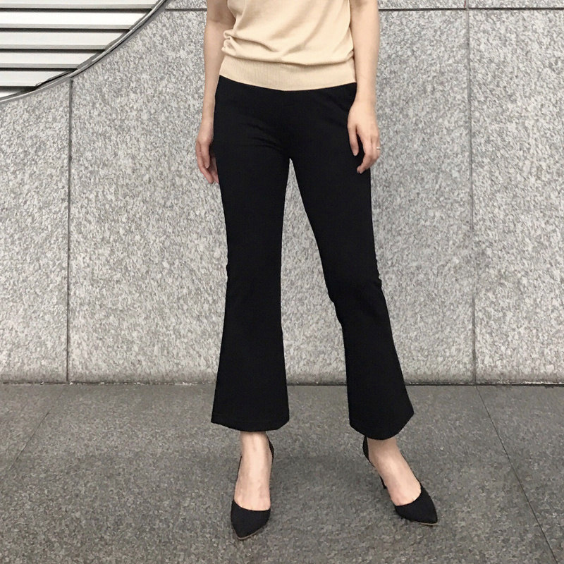 睿瑾2017夏季新款修身显瘦女士黑色喇叭裤女 高腰微喇叭裤 九分裤