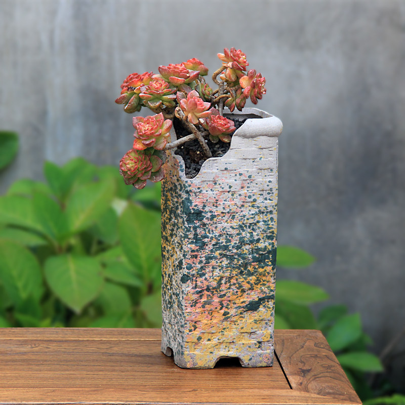 方形高豁缺口多肉绿植花盆粗陶桌面加高创意花盆