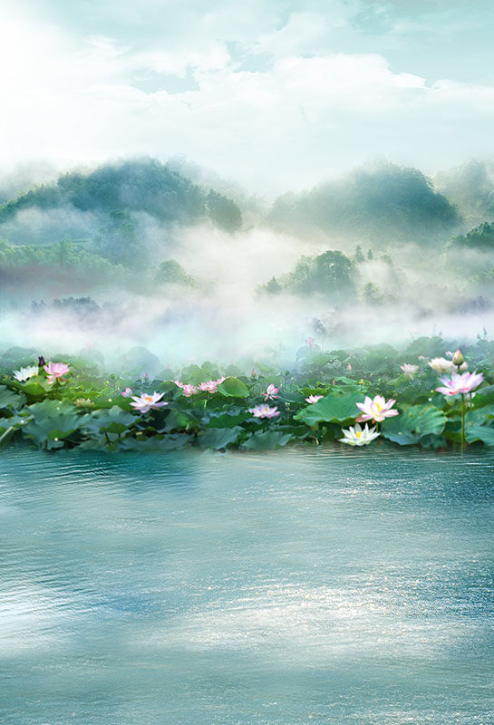 荷花山水影楼古装主题背景网红古风喷绘背景古装写真背景pz1874