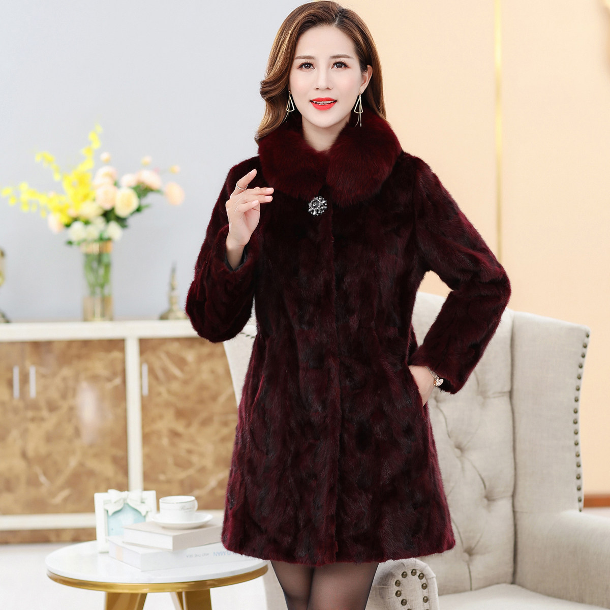 水貂皮草外套女中中长中老年妈妈加大貂皮大衣皮草