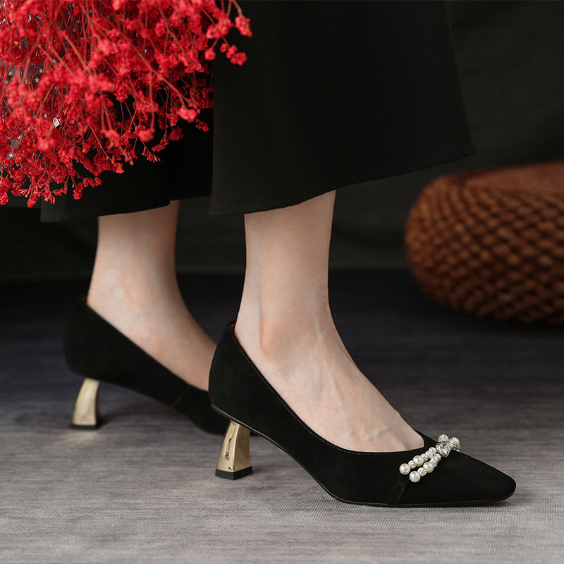 叶青天原创珍珠高跟鞋2022秋季新款真皮浅口单鞋百搭淑女粗跟鞋子