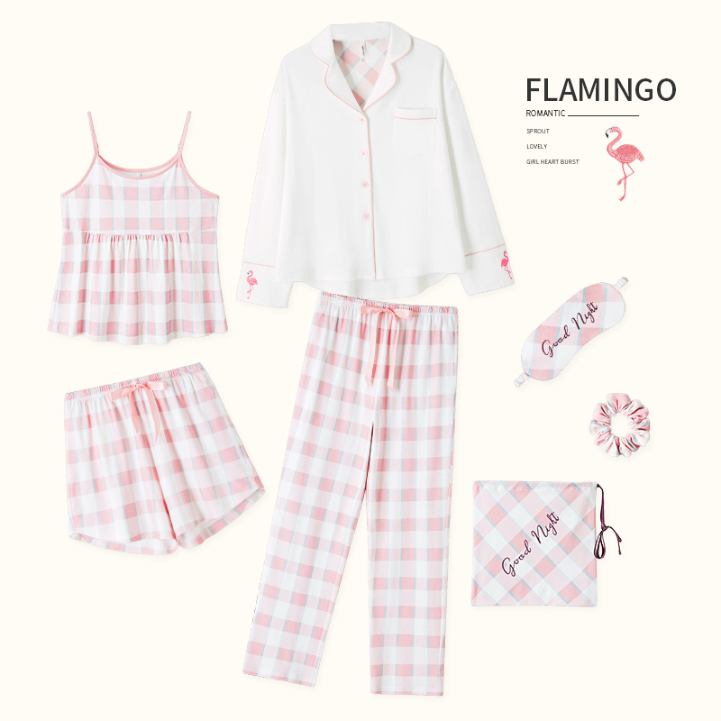 安之伴睡衣女夏季薄款纯棉七件套装春秋吊带短裤性感大码家居服