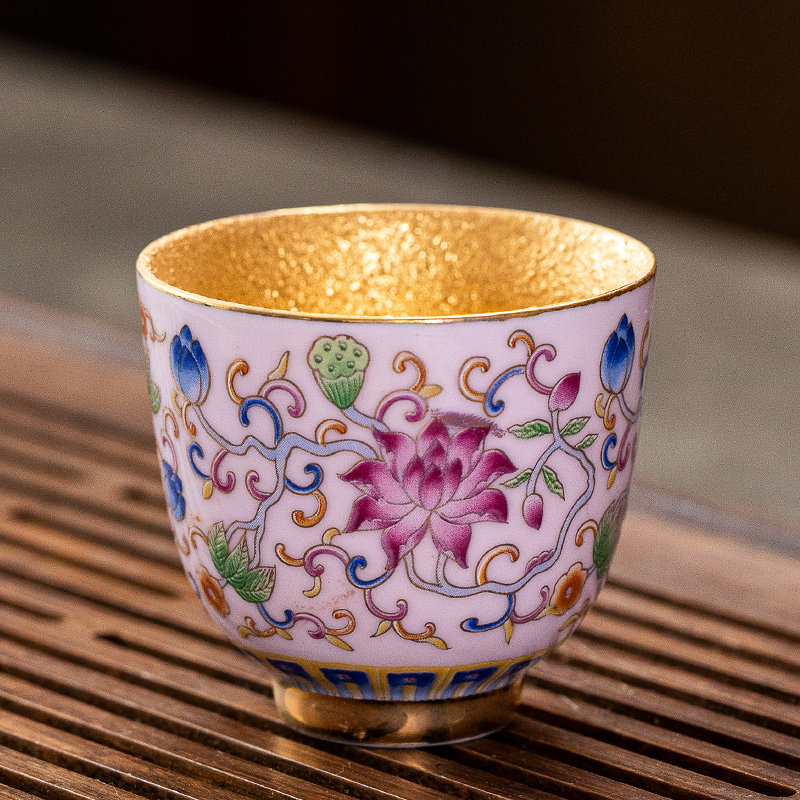 金杯24k沙金金盏茶杯珐琅彩内胆鎏金杯陶陶瓷茶杯