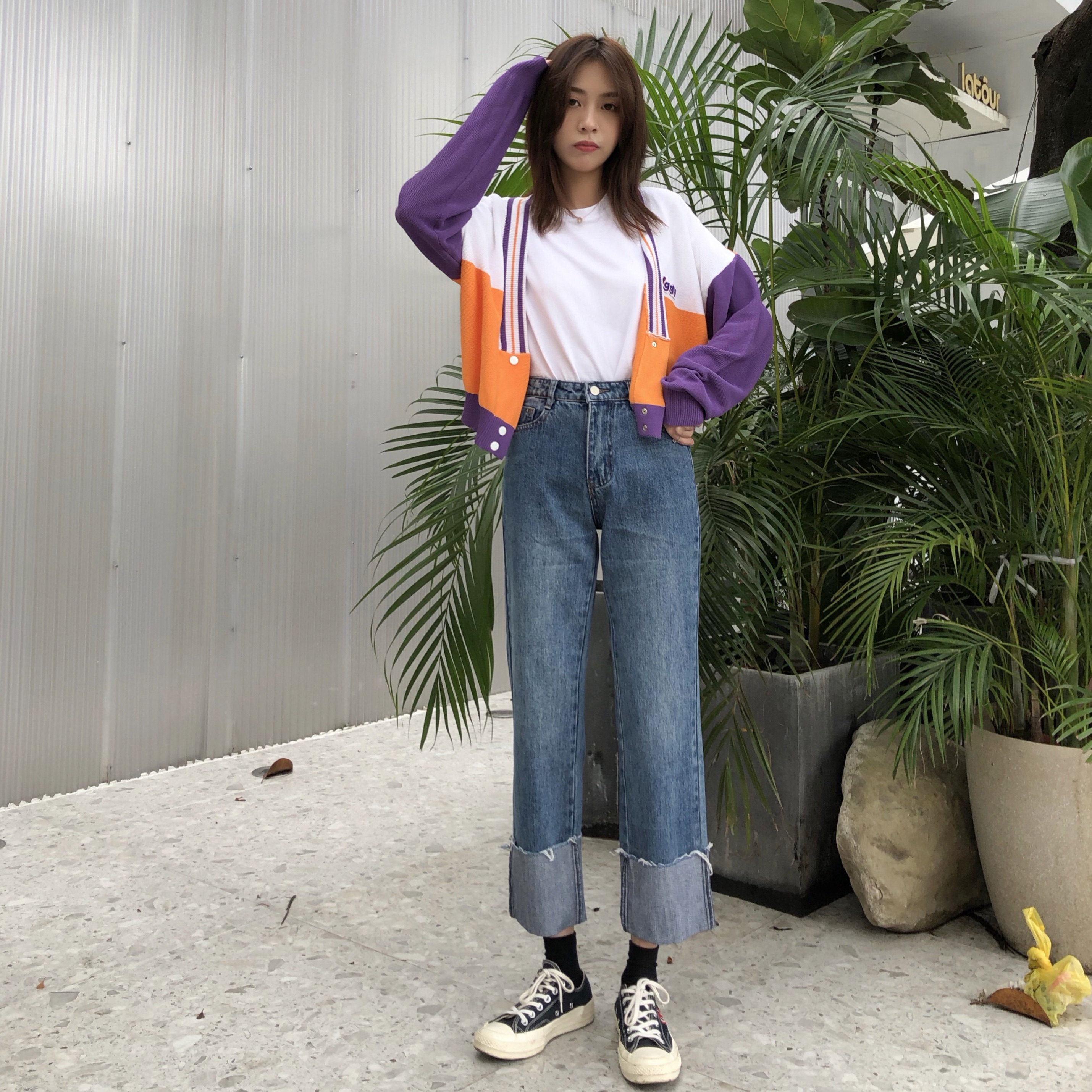 seeksimple卷边直筒牛仔裤秋冬高腰九分宽松阔腿翻边牛仔裤