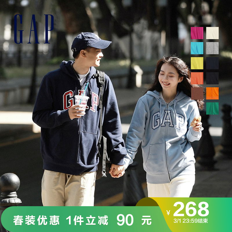 Gap男女装LOGO法式圈织软卫衣853131 春季新款情侣运动连帽开衫潮